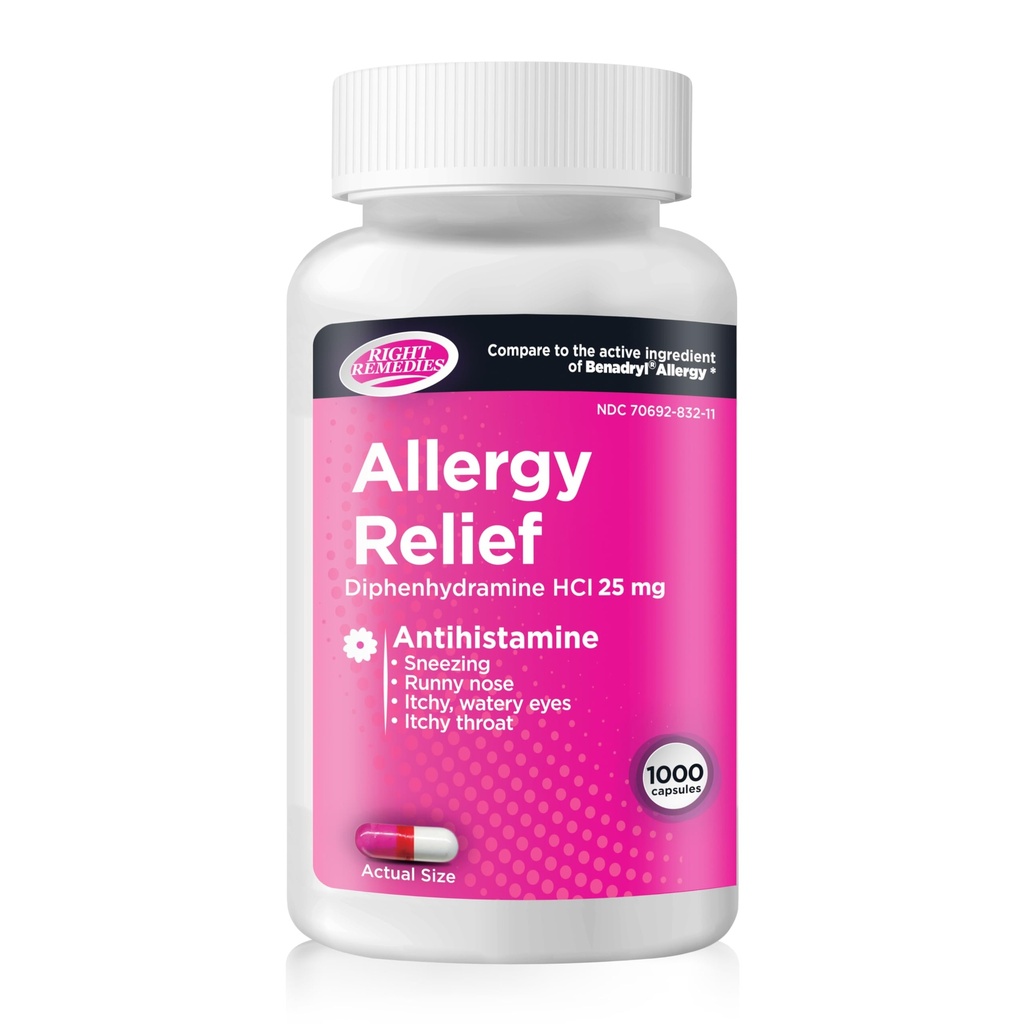 Ulga alergiczna, antyhistamina, difenhydramina HCL 25 mg, ulga sezonowa wewnątrz lub na zewnątrz alergii, katar, wydychająca ulga alergiczna (1000 kapsułek)