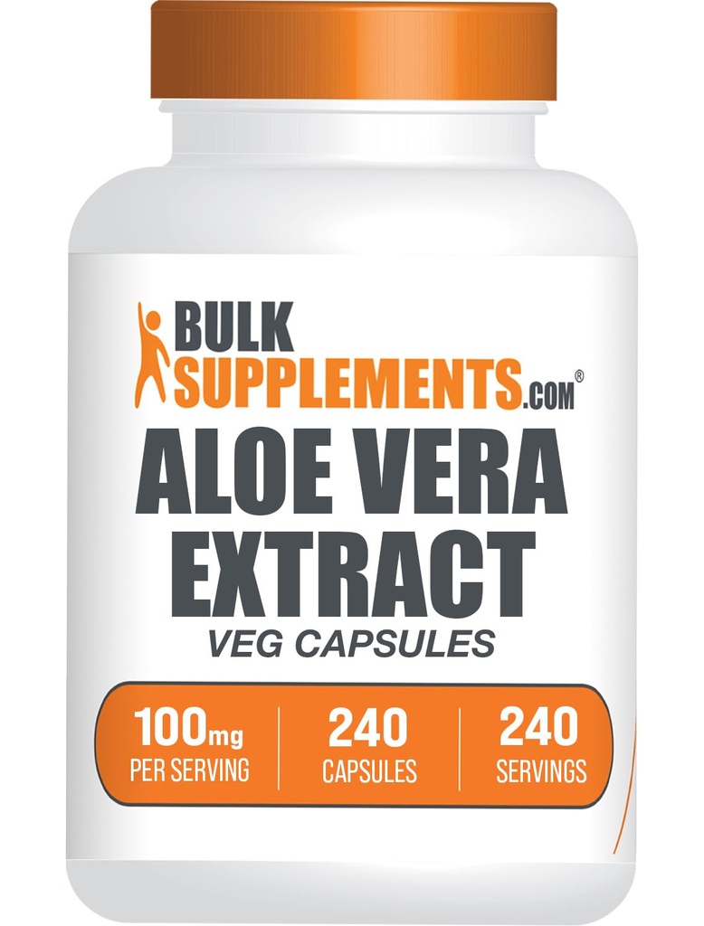 BulkSupplements.com Aloe Vera Capsules - Aloe Vera Extract, Aloe Vera Supplement - Herbal Supplement, Gluten Free, 1 Capsule per Serving, 240 Veg Capsules (Opakowanie po 1)