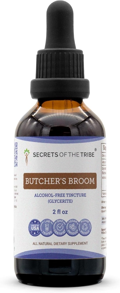 Sekrety Broom Butcher 's Broom-Free Liquid Extract, Butcher' s Broom (Ruscus aculeatus) Suszony Korzeń suplement do nalewki (2 FL OZ)
