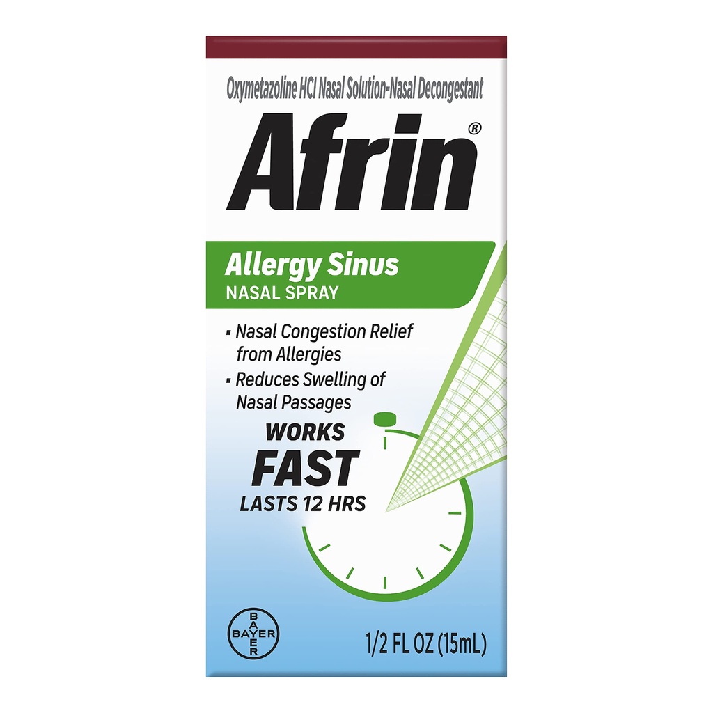 Afrin Alergy Sinus Nasal Spray - Szybkie i silne odbarwienie nosa od alergii, Dla dorosłych i dzieci 6 Lat i starszych, 0.50 Fl Oz (Opakowanie 1)