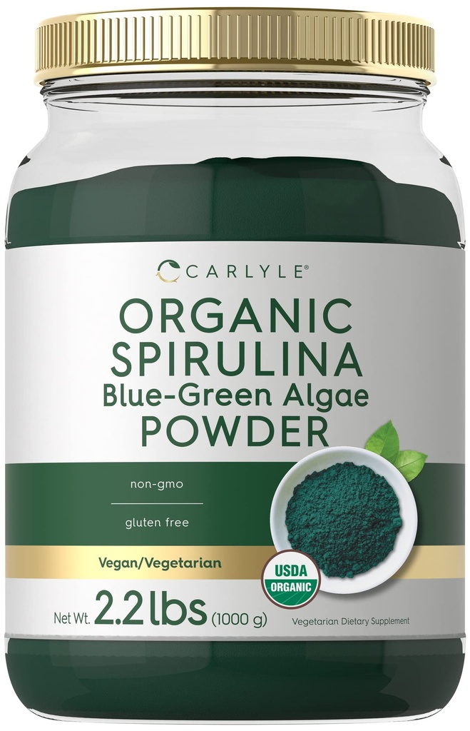 Carlyle Organic Spirulina Proszek 2,2 lbs Sign 124; Blue Green Algae Sign 124; 8g Spirulina per Serving Sign 124; Wegan, Non-GMO, Gluten