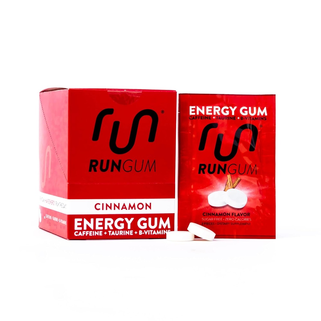Run GUM Cynamon Energy Gum 50mg Kofeina Tauryna & B- witaminy na kawałek, 24 kawałki (Opakowanie 12), 2 kawałki = 1 kawa lub napój energetyczny, Bez cukru, Zero Calorie
