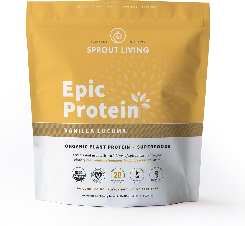 Prosięta Żywe Epickie Białko, Białko roślinne i Superfoods Proszek, Vanilla Lucuma Proszek Pigment 124; 20 Grams Organic Protein Powder, Wegan, Non Dairy, Non-GMO, Gluten Free, niski cukier (5 Funt, 60 Służenie)