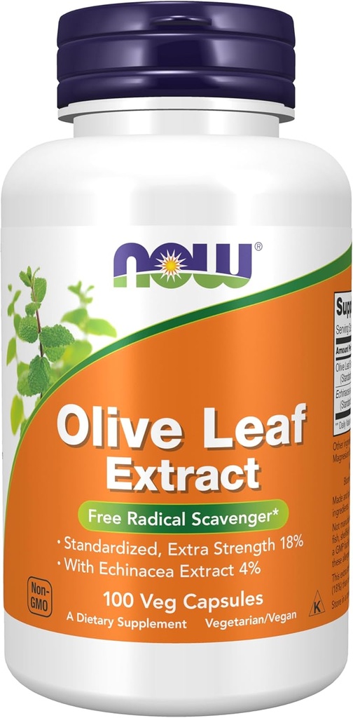 Teraz suplementy żywności, Olive Leaf Extract z Echinacea Extract 4%, Extra Siła, Free Radical Scavenger *, 100 Kapsułki Veg
