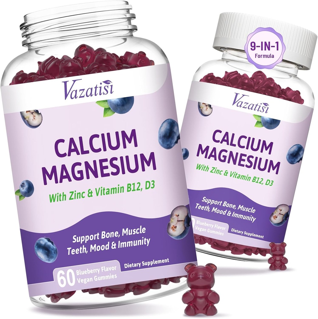 2 Opakowanie Magnezu wapnia Gummeje cynku z witaminą D3 & B12, bezcukrowe suplementy wapnia dla kobiet Mężczyźni, Wegan Blueberry Flavor