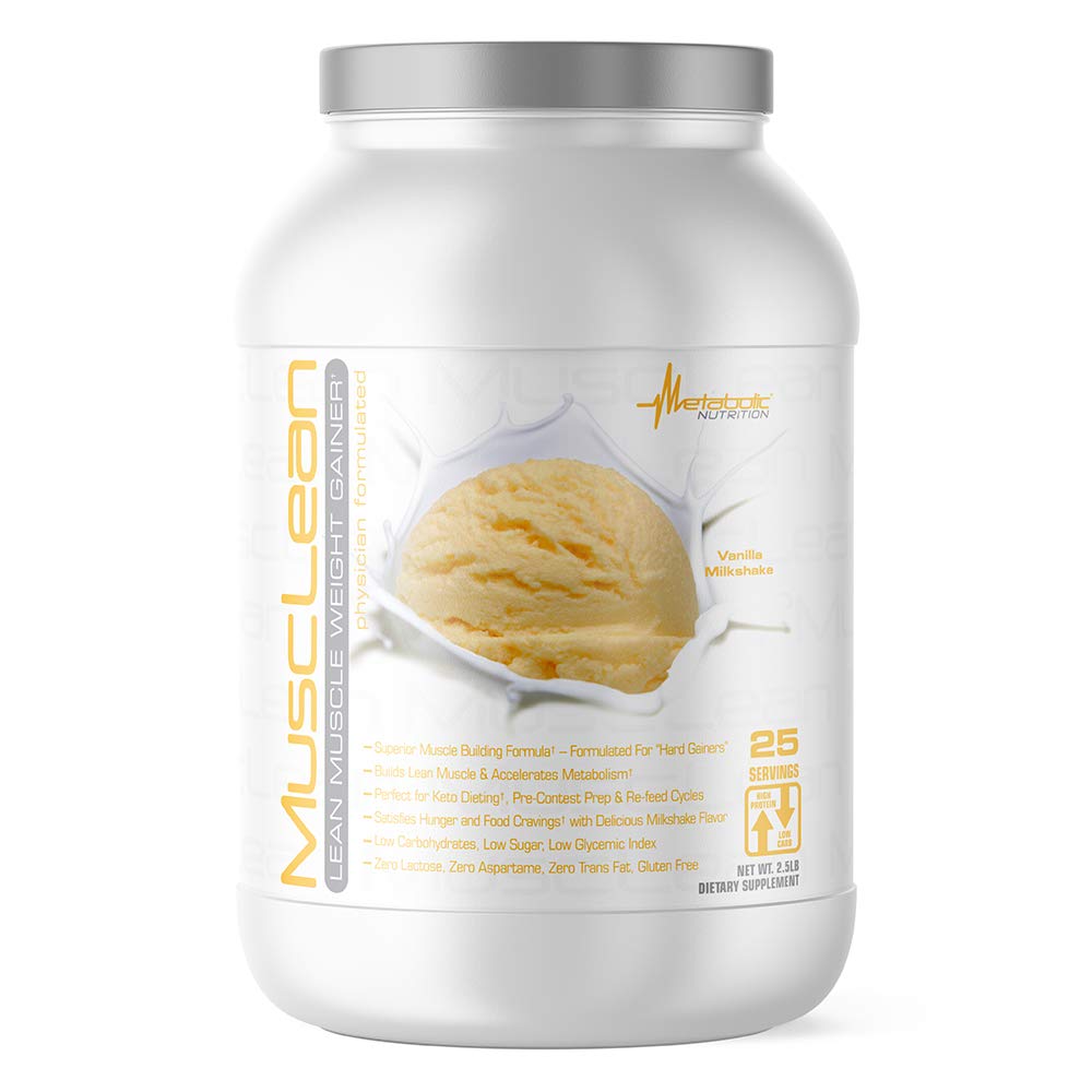 Żywienie metaboliczne - Musclean - Milkshake Waga Gainer, Serwatka Wysoka Protein Meal Wymiana, Żywienie podtrzymujące, Niskie węglowodany, Keto Dieta, Enzymy trawienne, Wanilia, 2.5 Funt (25 ser)