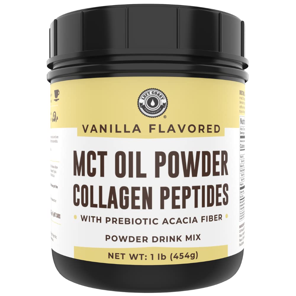 Keto MCT Oil Powder + Collagen + Prebiotic Acacia Fiber, Vanilla Flavor, 16oz. Kolagen z trawy, Perfect for Keto, 0 Net Carb, Stewia, Erythritol, Drink w proszku