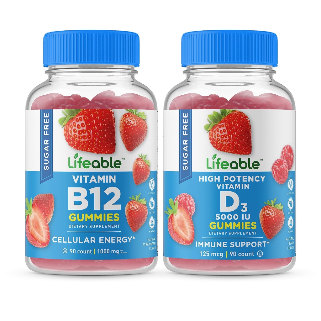 Żywy cukier Witamina B12 + Witamina D 5000 IU, Gummies Bundle - Great Desting, Suplement witaminy, Gluten Free, GMO Free, Gummy do żucia