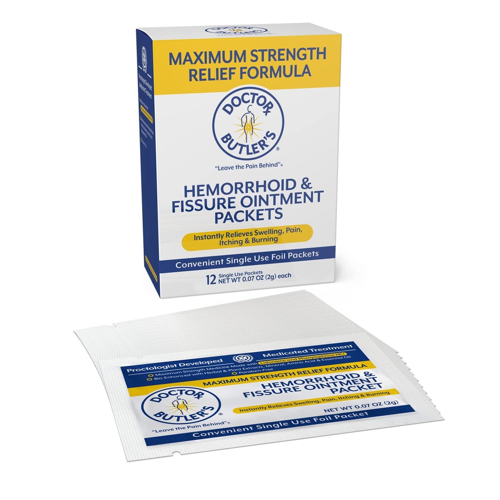 Doctor Butler 's Maximum Strength Hemorrhoid & Fissure Maintment 12 to- Pakiety - Natychmiastowa ulga bólowa Hemorrhoid Leczenie lidokainą, Wewnętrzne i zewnętrzne swędzenie, spalanie i obrzęk Ulgi