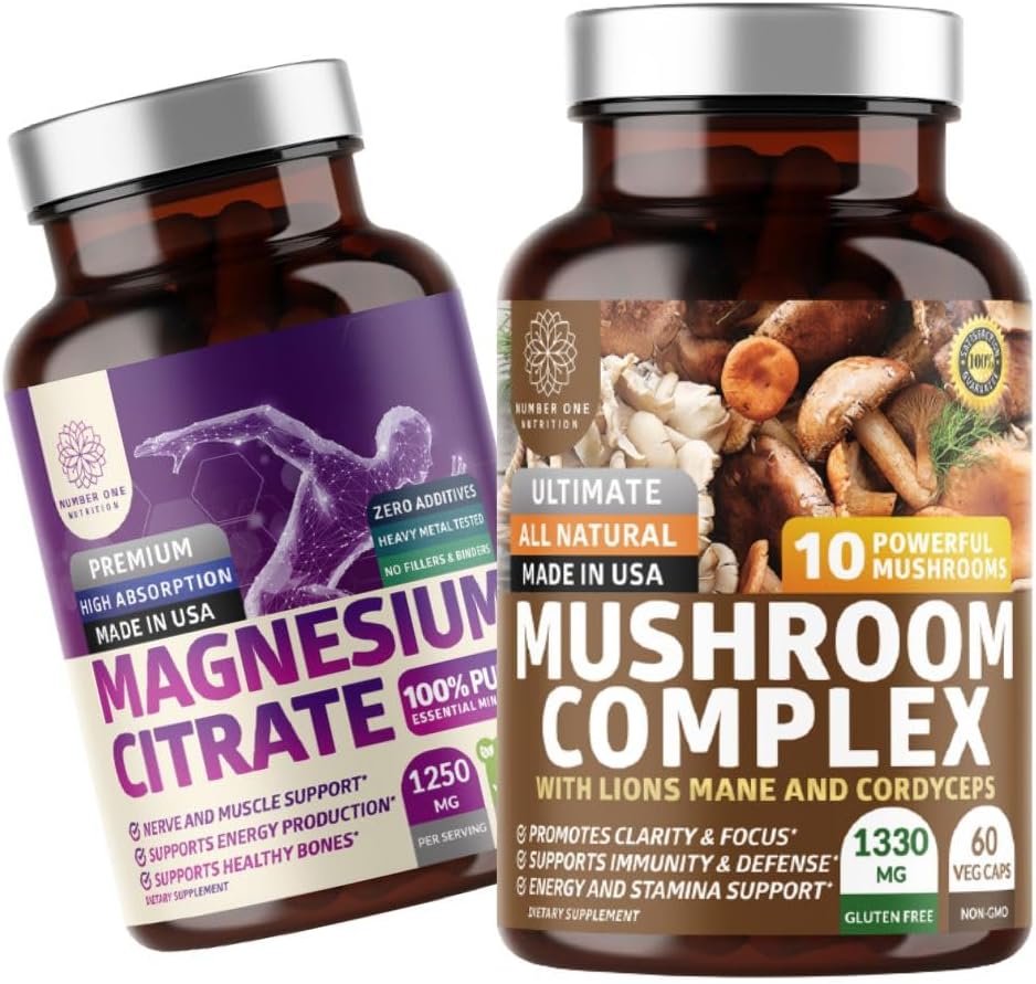 Numer jeden Nutrition N1N Premium Mushroom Complex [10X Powerful Mushrooms] i Magnezu Citrate [200mg], 2 Pack Bundle