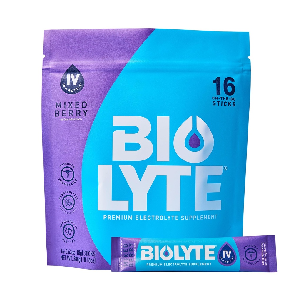 BIOLITE IV Pakiety proszku elektrolitów, IV Mieszanka napojach płynnych do wody, Hydracja opracowana przez lekarza, HSA Zatwierdzona ulga odwadniająca, Chemioterapia Musi Hakes dla kobiet i mężczyzn - Mieszane Berry (16 Sticks)
