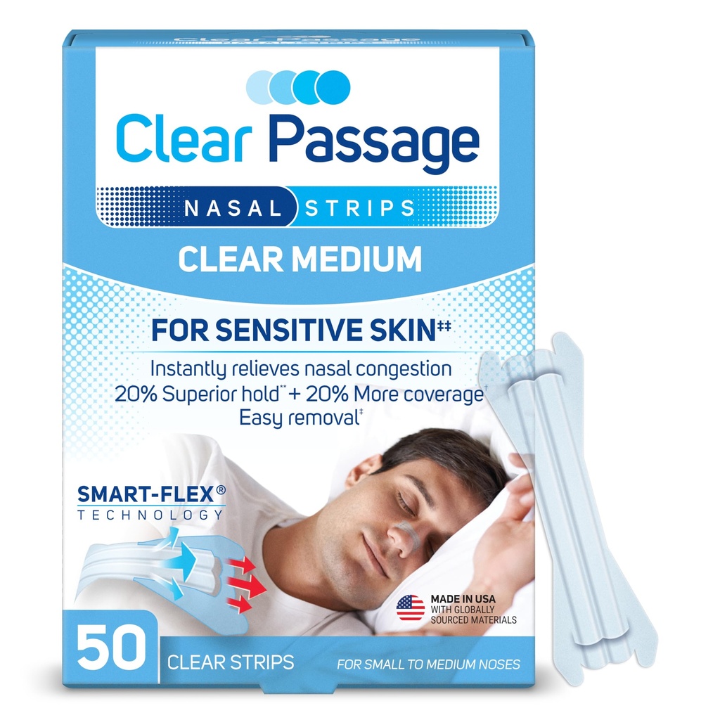 Clear Passage Nasal Strips Medium, Clear, 50 ct | Works Instantly to Improve Sleep, Reduce Snoring, & Relieve Nasal Congestion Due to Colds & Allergies