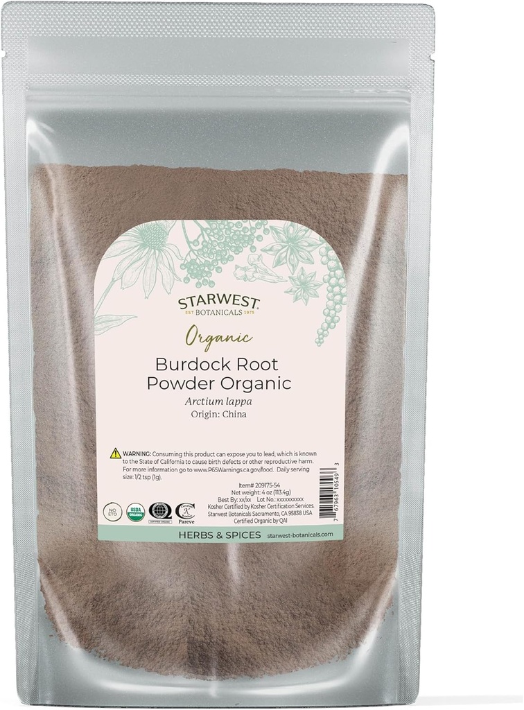 Starwest Botanicals Burdock Root Powder Organic - Naturalne źródło przeciwutleniaczy, Loose Herb do herbaty, Ryż, Zupa, & Stews, Certified Kosher, Non-GMO - 4 oz Pouch