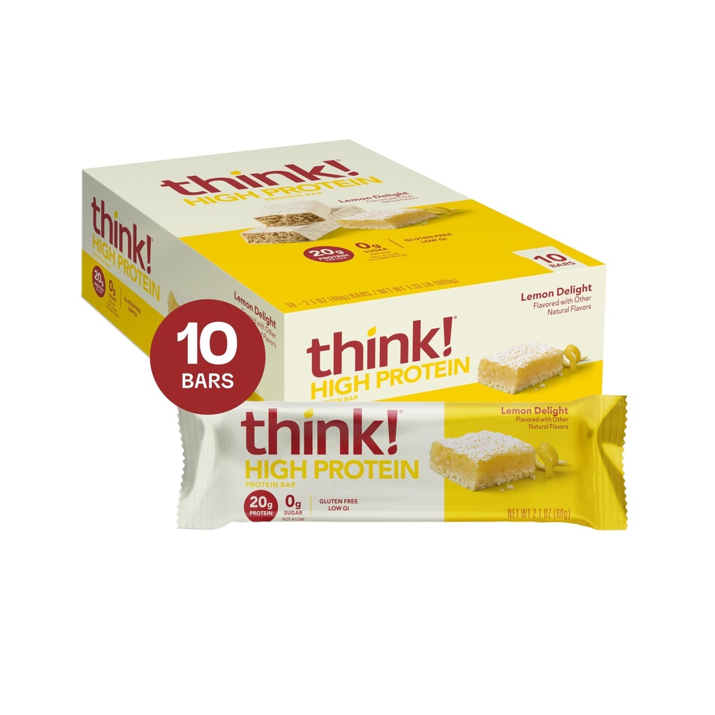 Myśl! Bary proteinowe, Przekąski wysokobiałkowe, Bez glutenu, Przyjazne koszerne, Lemon Delight, Bary odżywcze, 2.1 Oz per Bar, 10 Count (Packaging May Vary)