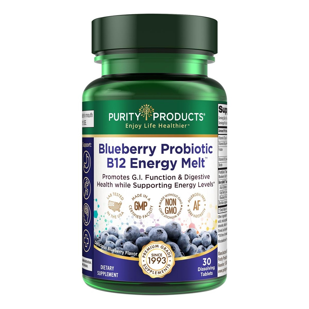 Purity Products Blueberry Probiotic B12 Energy Melt Clinical Probiotic - Organic Blueberries, Methylcobalamin B-12-30 Melts