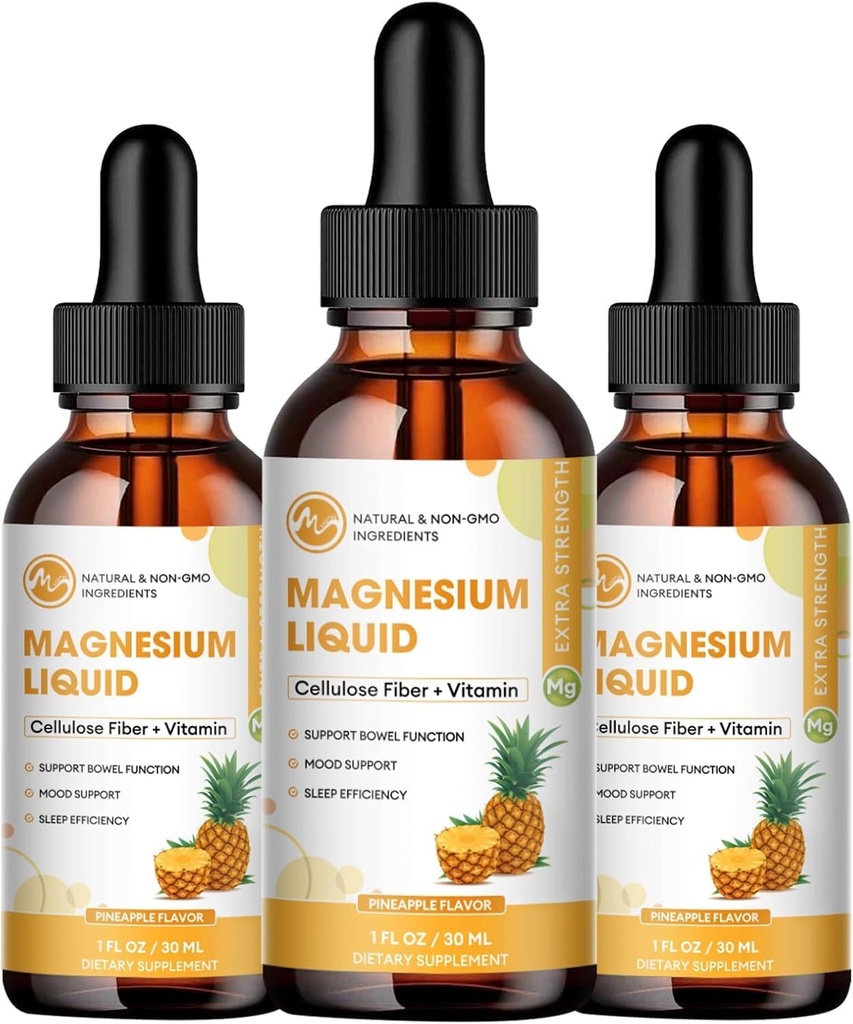 (3 opakowania) Magnezu Glicynian krople płynne, Wysoka absorpcja Magnezu Płyn z bromelainą, Witamina B6 C D, Suplement magnezu dla dzieci i dorosłych, Night & Muscle Support, Smak ananasowy