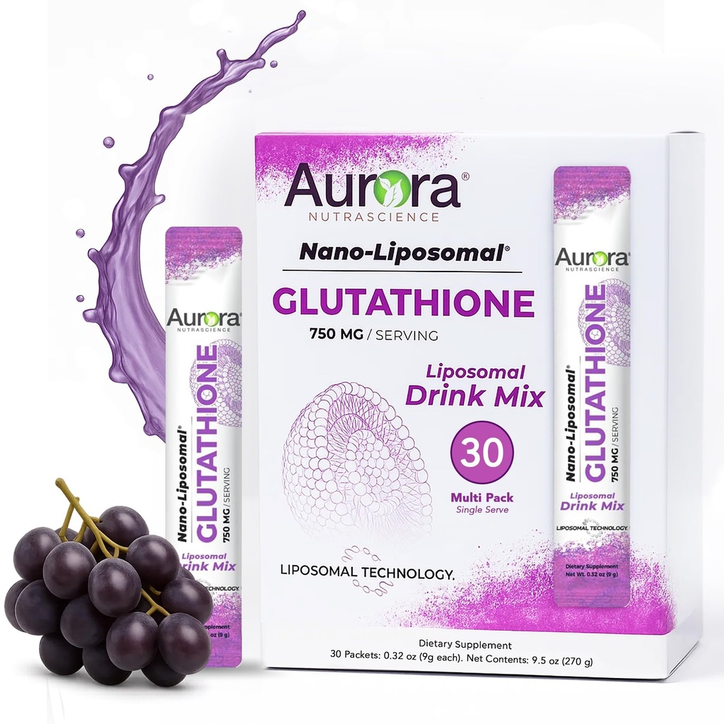 Aurora Nutrascience Nano- Liposomal Glutation, Grape Drink proszkowany Mieszanka immunologiczna i przeciwutleniacz Gut Supplement Health Supplement, 750 mg na jedną porcję, Non-GMO, Sugar- Free, 30 Pakiety jednorazowe