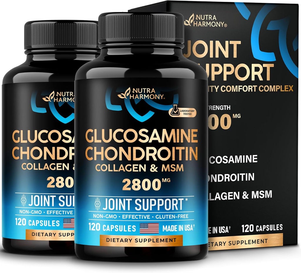 Glukozamina Chondroitin MSM Kolagen 124; Suplement do wspólnego wsparcia 2800 mg 124; Made in USA 124; Elastyczne witaminy odżywcze 124; dla mężczyzn i kobiet, Opakowanie 2