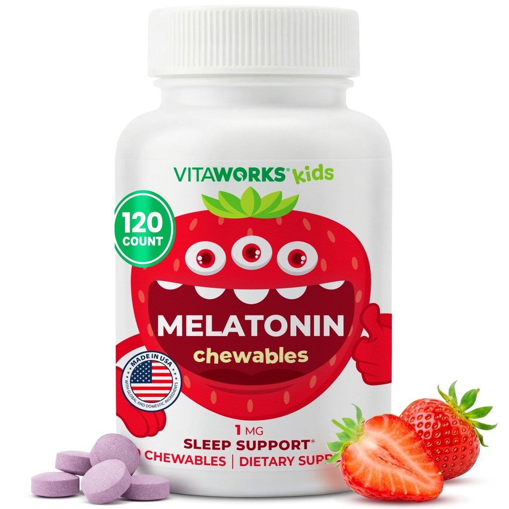 Dzieci Melatonina 1 mg do rozgryzania i żucia z L teaniną, rumiankiem i ekstraktem Lemon Balm tabletki do żucia - Natural Berry Flavor - for Help Falling and Staying Asleep - dla dzieci - 120 Chewables