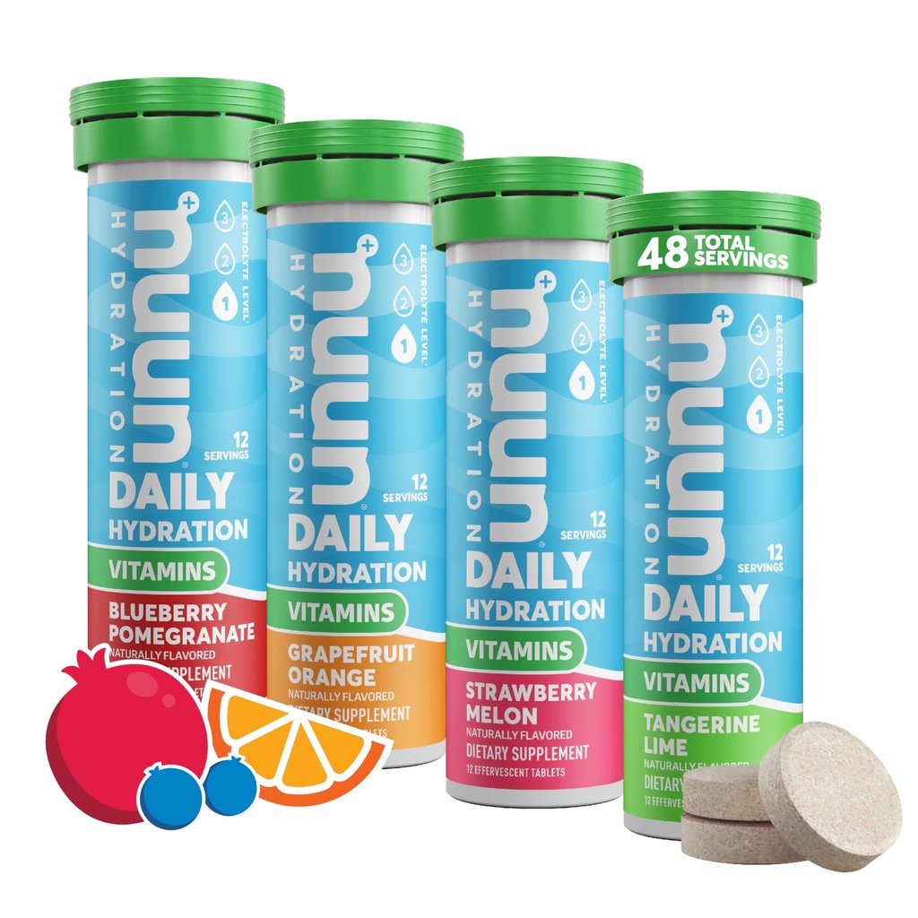 Nuun Vitamin Electrolyte Tablets z witaminą D, C, E, A, & B6, Kwas foliowy, Magnez & 4 Inne niezbędne elektrolity, Gluten Free & Vegan, Mieszane owoce, 4 Pack (48 Służenie ogółem)