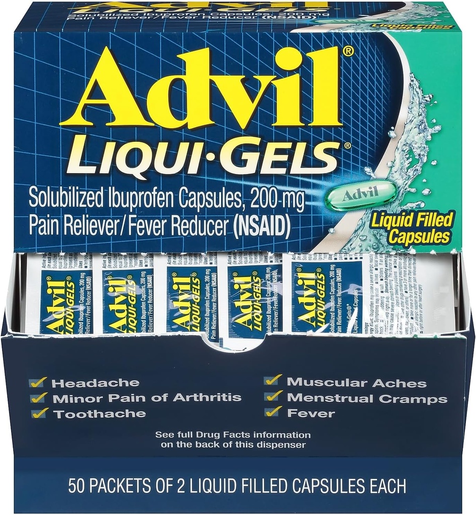 Advil Liqui- żele Ból Reliever / Fever Reducer, Rozpuszczalny Ibuprofen 200mg, 2 / Pakiety, 50 Pakiety / Pudełko (016902)