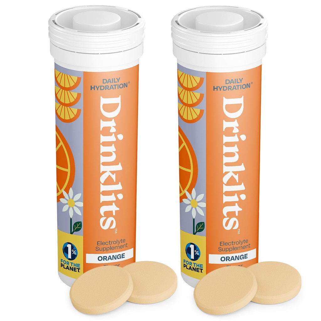Drinklits Orange Daily Hydration Tablets (2) Tube Bundle | Essential Electrolytes – 0g Sugar – Replenishing Hydration Drink | 20 Servings - 10 Tablets Per Tube