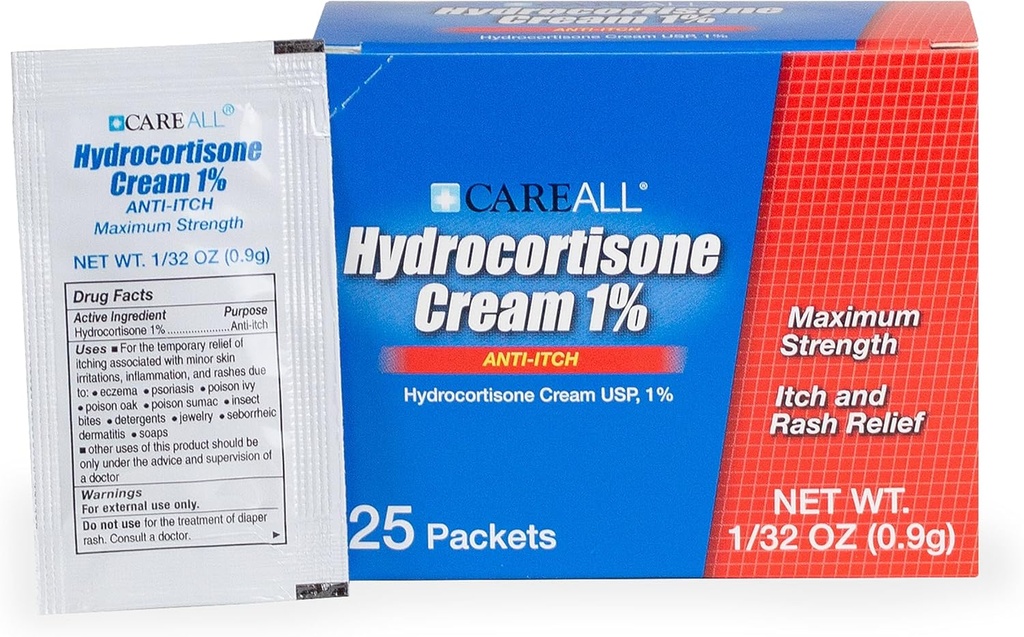 CareAll Hydrokortyzon Cream 1% (25 opakowań), 0,9gr Foil Packet. Maksymalna wytrzymałość Formulacja, Przeciw-Swędzenie Wysypka Krem skóry łagodzi swędzenie, Wyprysk, Owady Bites, Poison Ivy, i Łuszczyca