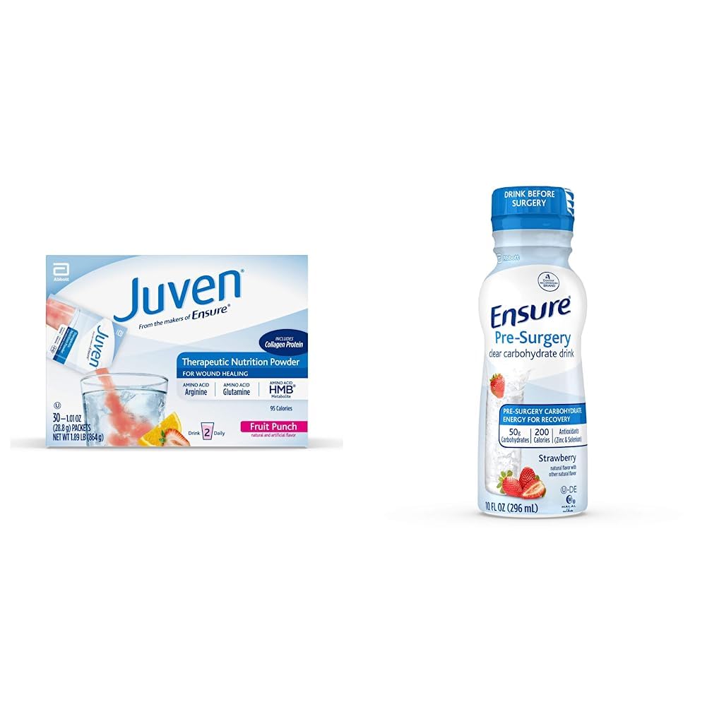 Juven Teratio Nutrition Drink proszek do wspomagania gojenia rany, zawiera białko kolagenowe, owocowy Punch, 30 Count & Sue Pre- Chirurgia, Klarowny napój węglowodanowy, truskawka, 10 fl oz, 4 Count