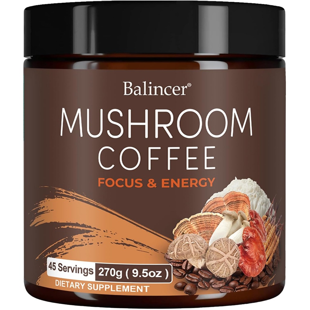 Grzyb Kawa, 6 Grzyby adaptacyjne z grzywą Lwa, Cordyceps, Turcja Tail & More, Natychmiastowa Grzyb Kawa dla Focus, Energia, Immune & Pomoc spożywcza