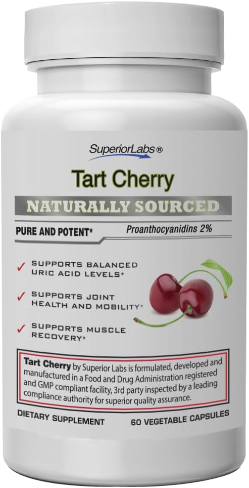 SuperiorLabs Tart Cherry 1000 mg Extract, 2% Proantocyjanidyny, Wspiera zrównoważone poziomy kwasu moczowego, Selery Seed & Black Pepper Ekstrakty dla maksymalnej absorpcji, 60 Czapki Veg