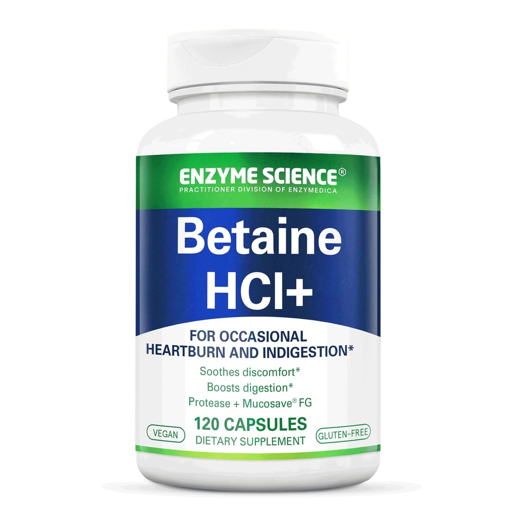 Enzym Science Betaine HCl z pepsyną - Suplement do niskożołądkowego kwasu żołądkowego - Betaine Hydrochloride Supplement - Digestive Enzymes - Enzimas Digestias - 120 kapsułki
