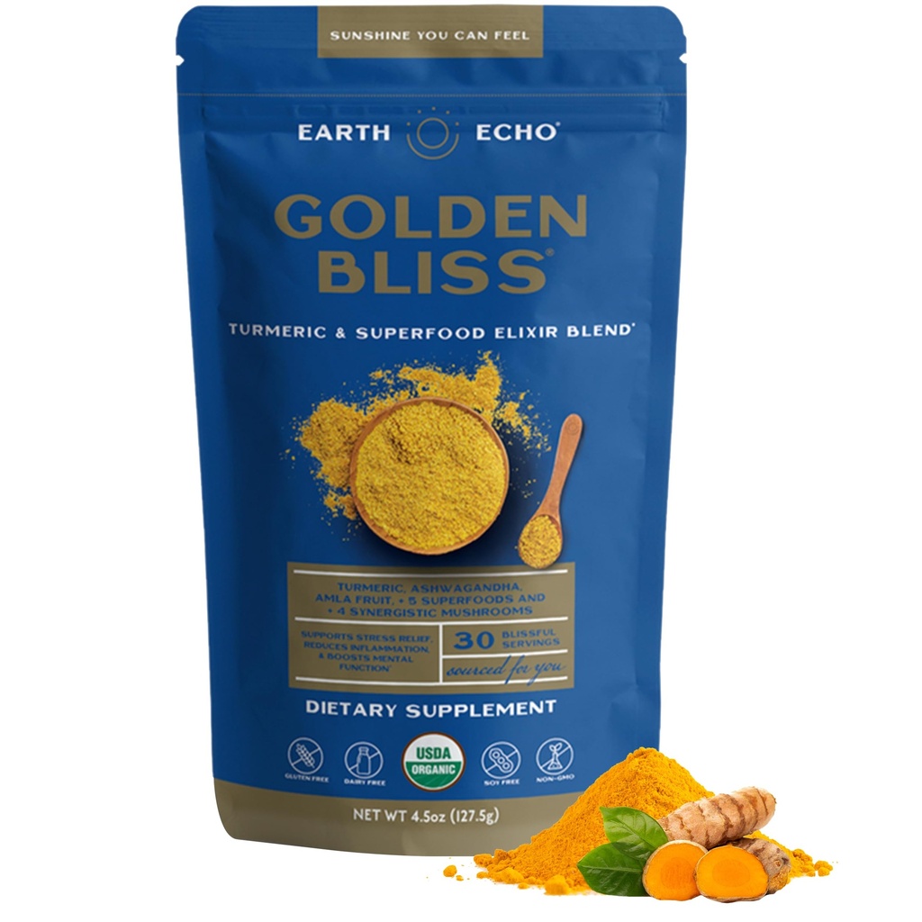 Ziemia Echo Golden Bliss, Organic Turmeric Superfood Elixir Mieszanka z Ashwagandha Root, MCT Oil i 4 Mushroom Mieszanka do niespokojnego snu, Immune Support and Reduces Craving, Darmowy, 30 Służenia