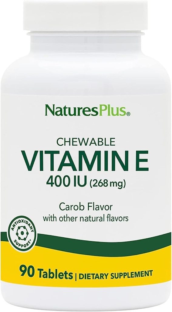 NaturesPlus Witamina E, Natural Carob Flavor - 90 Tabletki do żucia, Pack of 2 - Free- Radical Defense & Ogólnie Well- Being - Wegetarianin, Gluten Free - 180 Razem Sługi