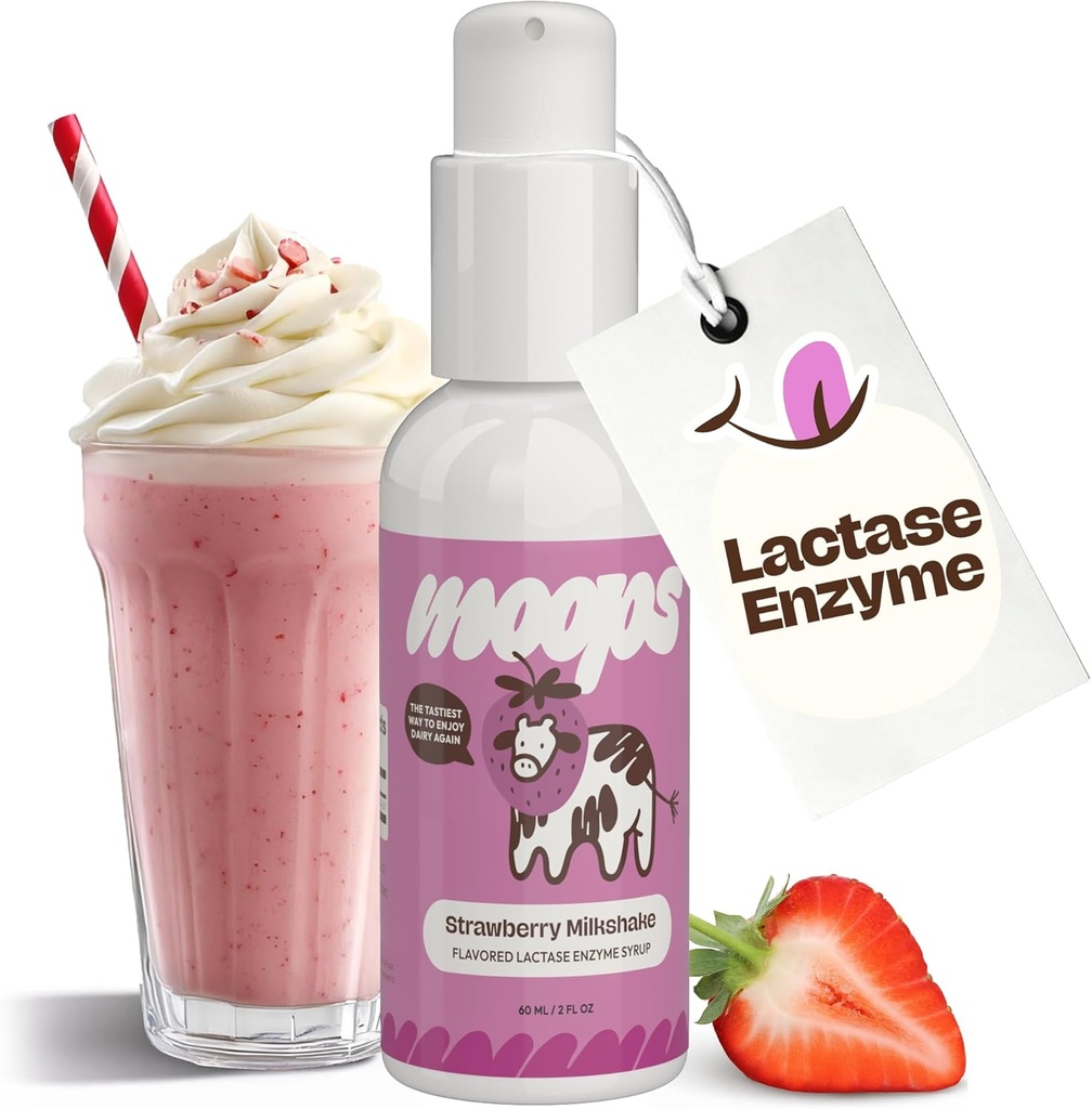 Moops Liquid Lactase Syrop enzymatyczny 2oz - Delicious Strawberry Milkshake Flavor - 10.000 jednostek FCC dla szybko działającej pomocy mlecznej - Dostosowalna dawka dla nietolerancji laktozy - Przenośny pompa Twist- to- Lock