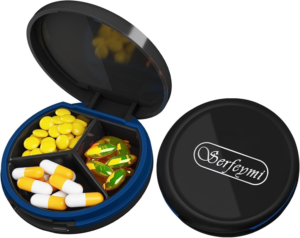 Serfeymi Small Pill Box - 3 Komory Przenośne Pill Box do kieszeni torebki, Compact Mini Travel Pill Case - Nadaje się do medycyny, Witamina, Olej rybny, Suplementy - Czarny (Logo)
