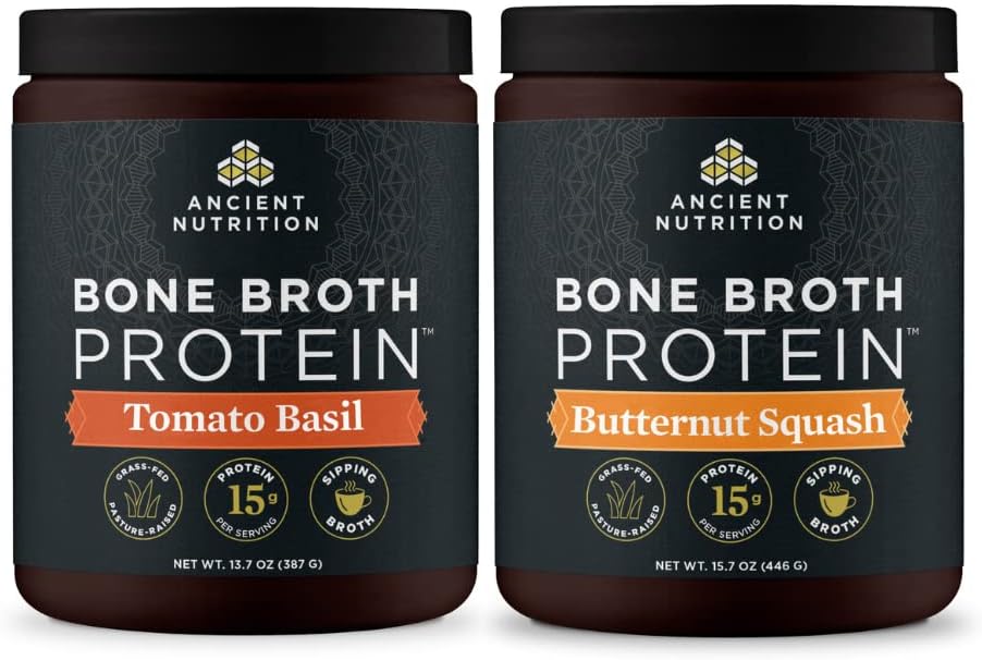 Ancient Nutrition Bone Broth Protein Powder, Bazylia pomidorowa, 15 Servings + Bone Broth Protein Powder, Squash orzechowy, 15 Servings