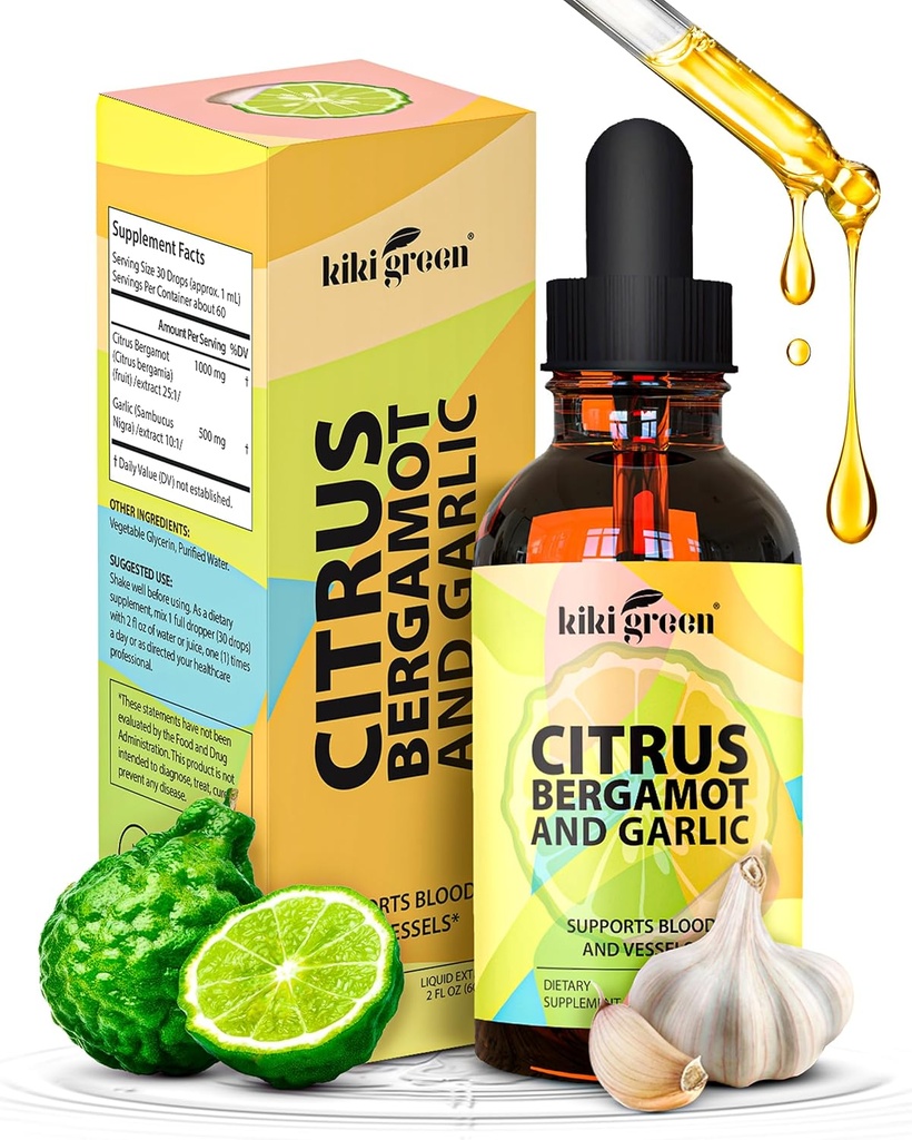 KIKI Green Liquid Citrus Bergamot & Garlic Extract - Citrus Bergamot Supplement for Heart Health, Immune System Support and Healthy Aging Non-GMO, Gluten- Free Supplement 2 Fl Oz.