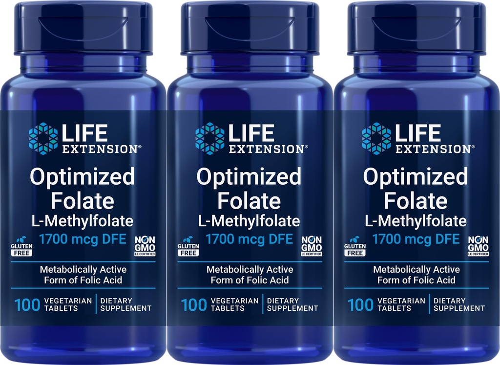Life Extension Zoptymalizowany folian 1700 µg DFE, 100 Tabletki wegetariańskie (Opakowanie po 3)