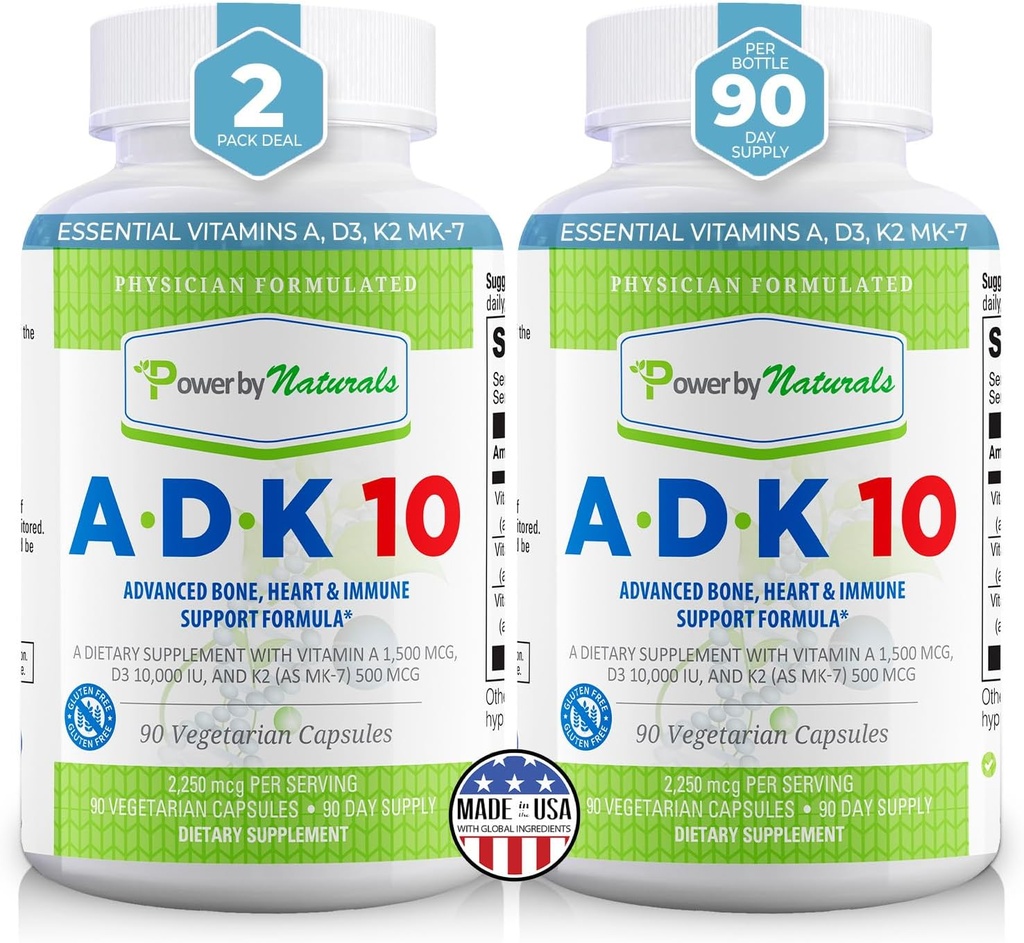 Power By Naturals ADK witaminy suplement - ADK 10 Wysoka moc z witamin A, D3 10 000 j.m. & K2 MK7 dla Superior Heart, Immune & Bone Health Support - 90 Kapsułki, 2 opakowania (6- Month Supply)