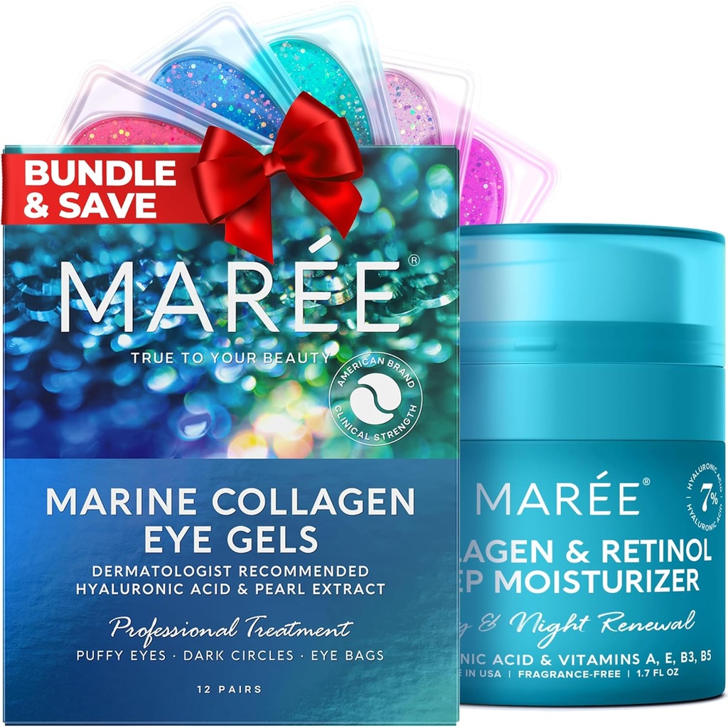 MAREE Eye żele & Collagen krem nawilżający twarz Bundle - pod żele oczu do puszystych oczu i ciemnych kręgów, Anti Anging twarzy krem z efektem hydrating - Kolagen morski i kwas hialuronowy, Retinol