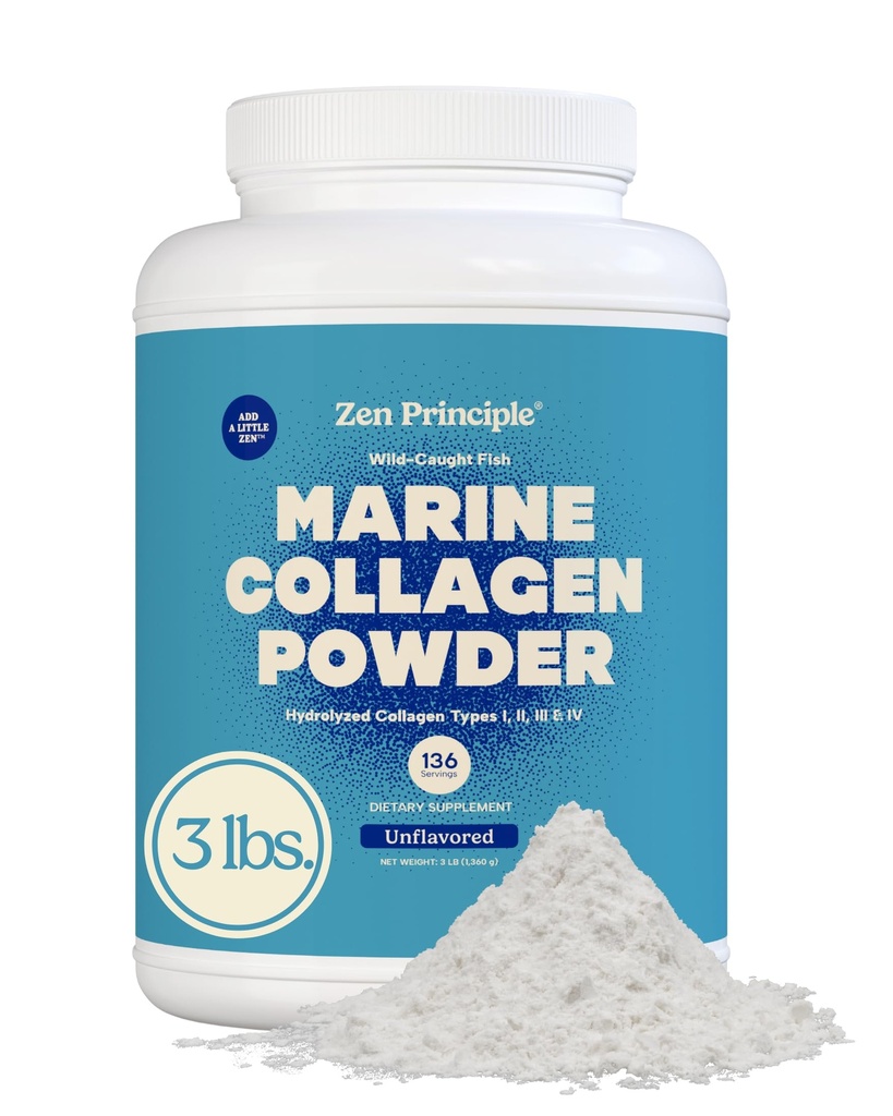 Zen Principle Marine Collagen Peptydes Powder 3 lb. Wild- Caught Fish, Non-GMO. Wspiera zdrową skórę, włosy, łączniki i kości. Zhydrolizowane białka typu I, II, III i IV. Amino Acids. Łatwo wymieszać.