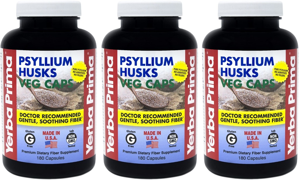 Yerba Prima Psyllium Husks Veg Caps - 180 Hrabia (Pack of 3) - Wegan, Non-GMO, Gluten Free, Colon Cleanser, Codzienne Fiber Supplement for Gut Health & Regularność