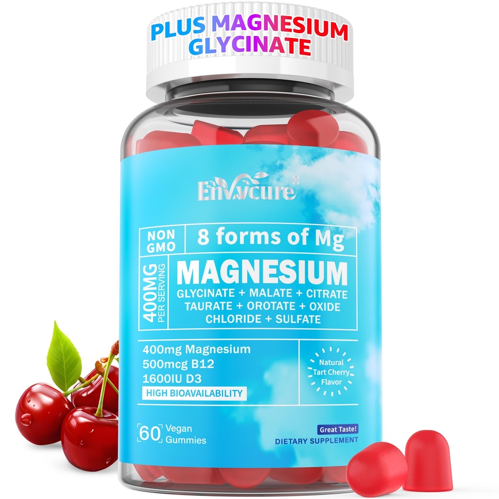 Magnezu Gummies 400mg Xiv 124; jako 8 Formy Magnezu Glycinate, Malate, Cytrate, Taurate, Oxide, i więcej 124; z Ashwagandha Extract, D3 & B12 Supports for Calm, Zzz, Mood, Muscle Cramp - Vegan 60 Cts