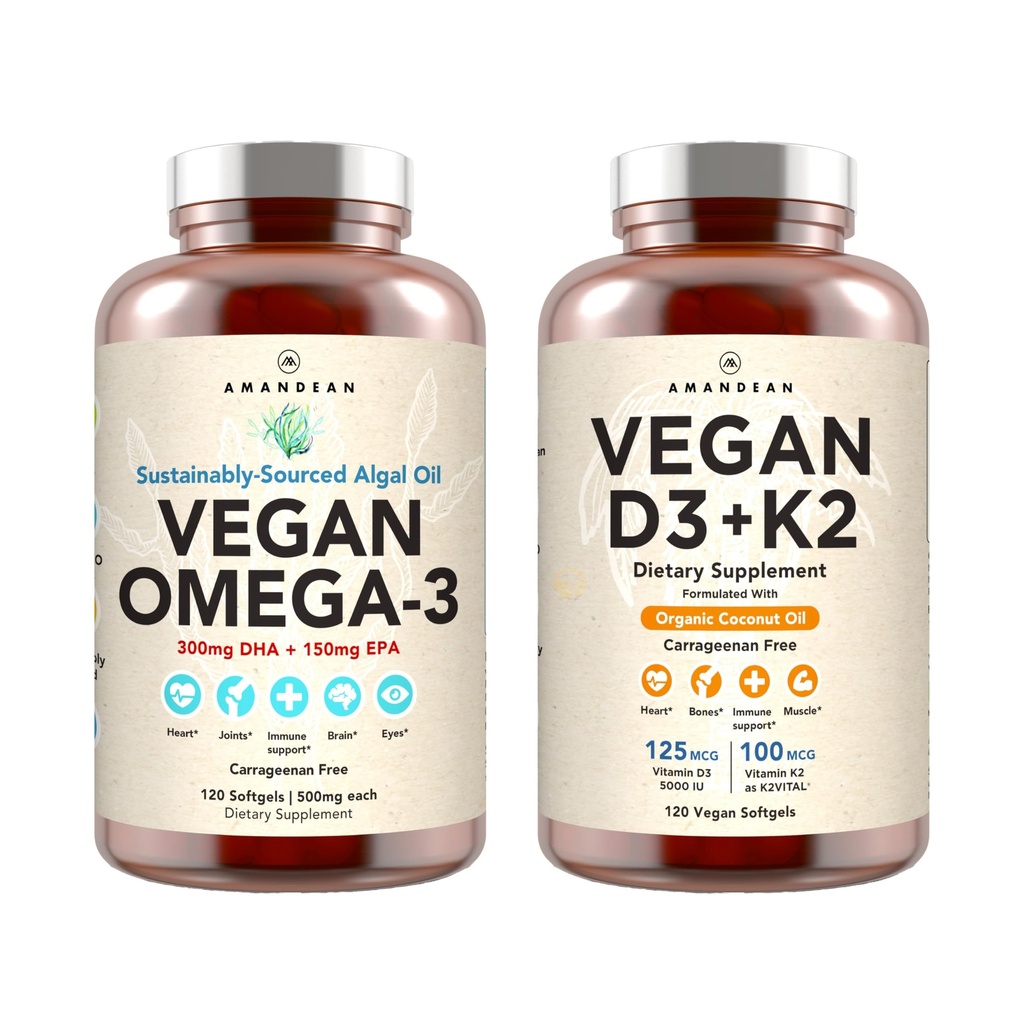 Vegan Powerhouse Combo. Omega-3 z Algal Oil & Witamina D3 + K2. Plant-Based 5000 iu VIT D z Algae. 100 µg All- Trans MK- 7 Vita K. Carrageenan Free Veggie Softgels.