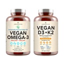 Vegan Powerhouse Combo. Omega-3 z Algal Oil & Witamina D3 + K2. Plant-Based 5000 iu VIT D z Algae. 100 µg All- Trans MK- 7 Vita K. Carrageenan Free Veggie Softgels.