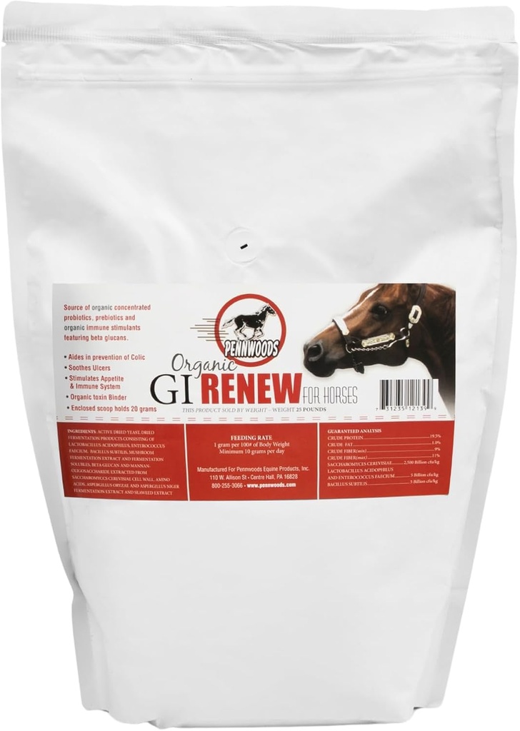 Pennwoods GI Renew, Probiotyki do stymulacji koni, immunologiczne i apetyczne, Prebiotyki, Enzymy trawienne 124; Suplement do koni dostarczający Ulcer Relief i Organic Toxin Binder, 5 LB Pouch