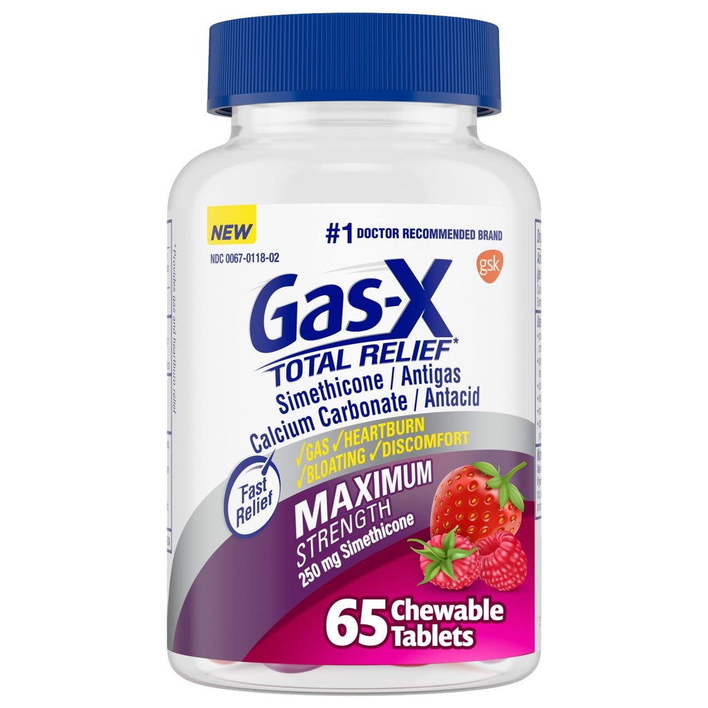 Gas- X Total Relief Chewable Tablets with Maximum Strength Gas Relief Simethicone 250 mg and Heartburn Relief Calcium Carbonian 750 mg, Bloating Relief, Mieszane Jagody - 65 Count