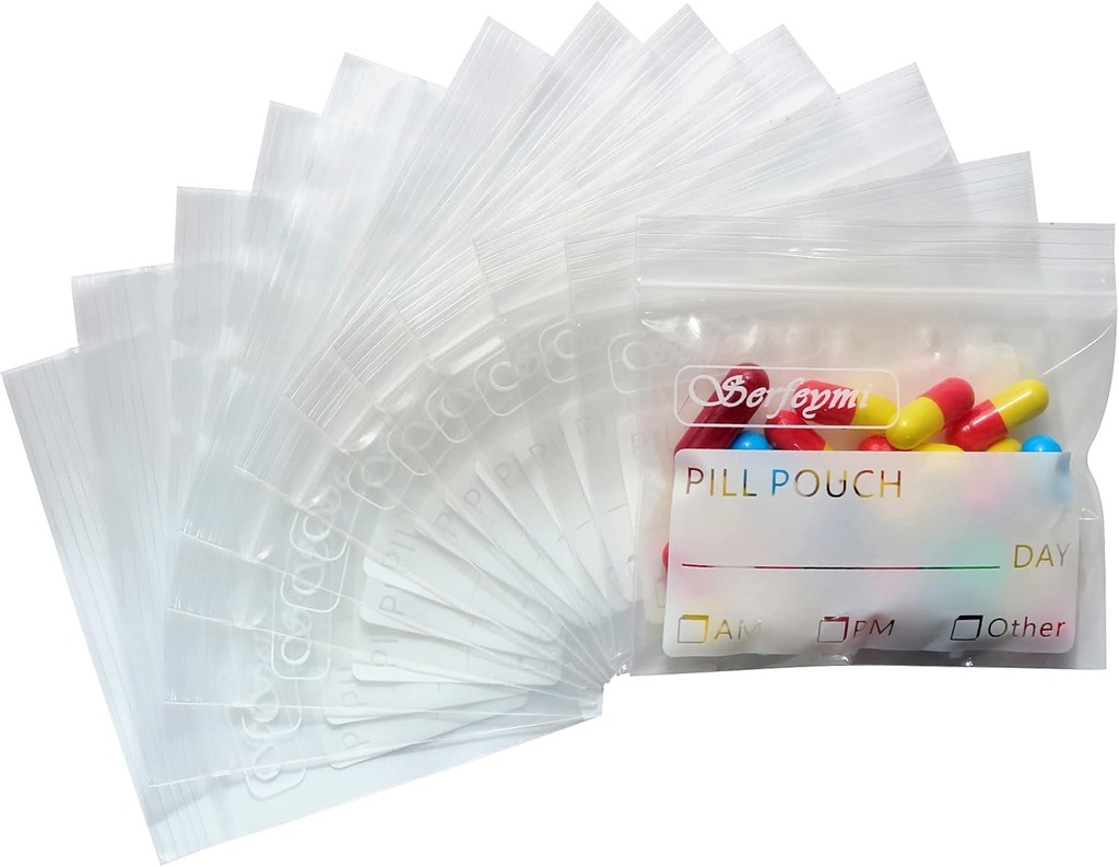 Serfeymi Pill Bags for Travel Pill Pouch Organizer Pack of 240 BPA Free 3 x 2,75 cala wielokrotnego użytku Pill Pouches for Medicine with Write on Label & Zipper Seal Waterproof AM PM Pill Baggies for Supplements
