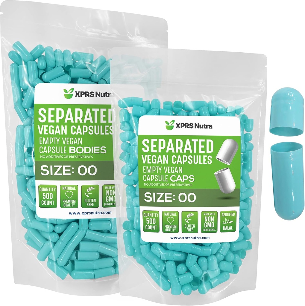 XPRS Nutra Vegan Rozmiar 00 Kapsułki oddzielone - 500 Hrabia Premium Kapsułki puste Separowane w workach - 00 Pigułki Puste do napełniania suplementu DIY (Aqua)