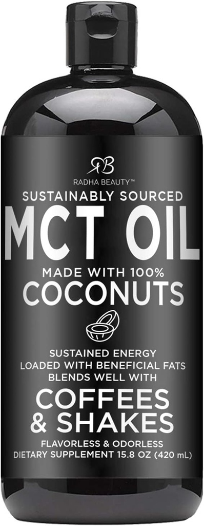 Radha Beauty Premium MCT Oil Made only from Non- GMO Coconuts - 15.8oz. Keto, Paleo, Gluten Free i Vegan Zatwierdzone.